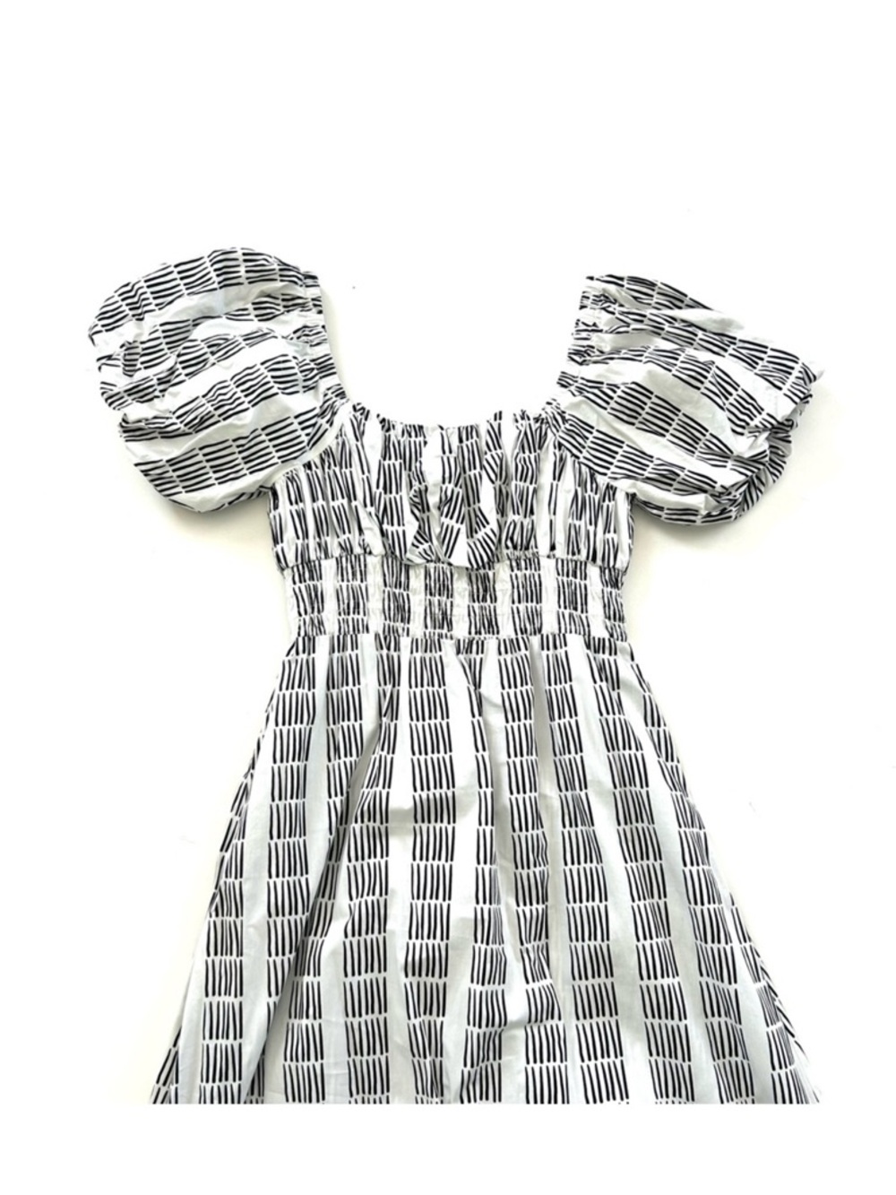 Anthropology Maeve Cotton Black and White Puff Sleeve Smocked Midi Dress - Picture 2 of 7